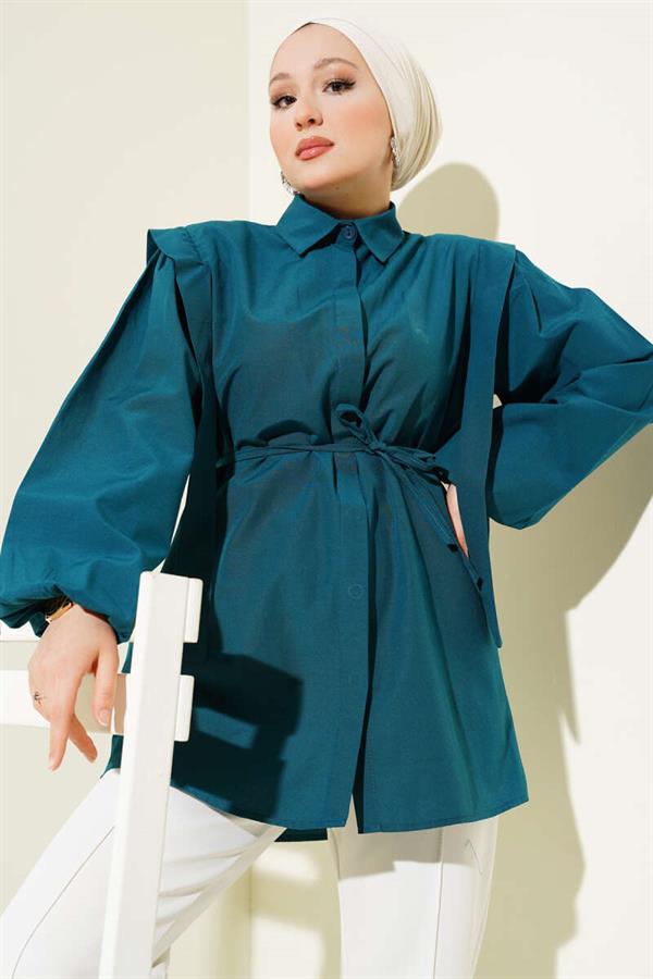 Rope Belted Shoulder Cape Shirt Petrol