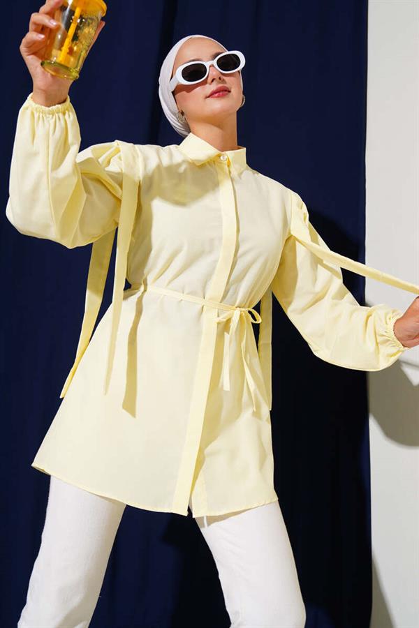 Rope Belted Shoulder Cape Shirt Yellow