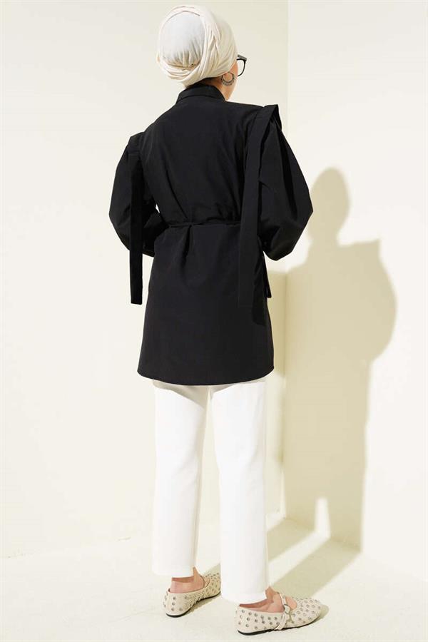 Rope Belted Shoulder Cape Shirt Black