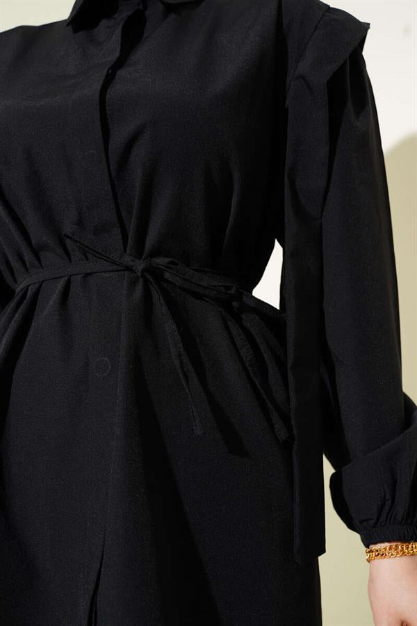Rope Belted Shoulder Cape Shirt Black