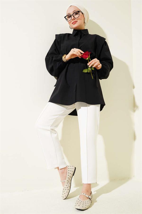Rope Belted Shoulder Cape Shirt Black