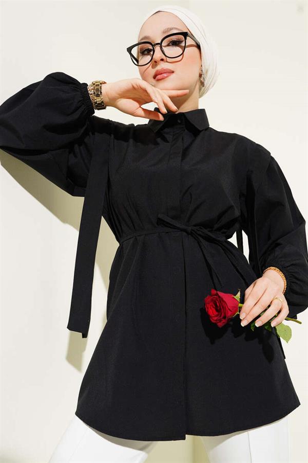 Rope Belted Shoulder Cape Shirt Black