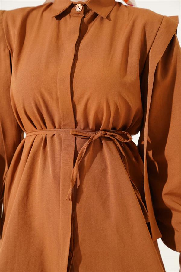 Rope Belted Shoulder Cape Shirt Tan