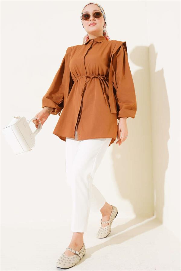 Rope Belted Shoulder Cape Shirt Tan