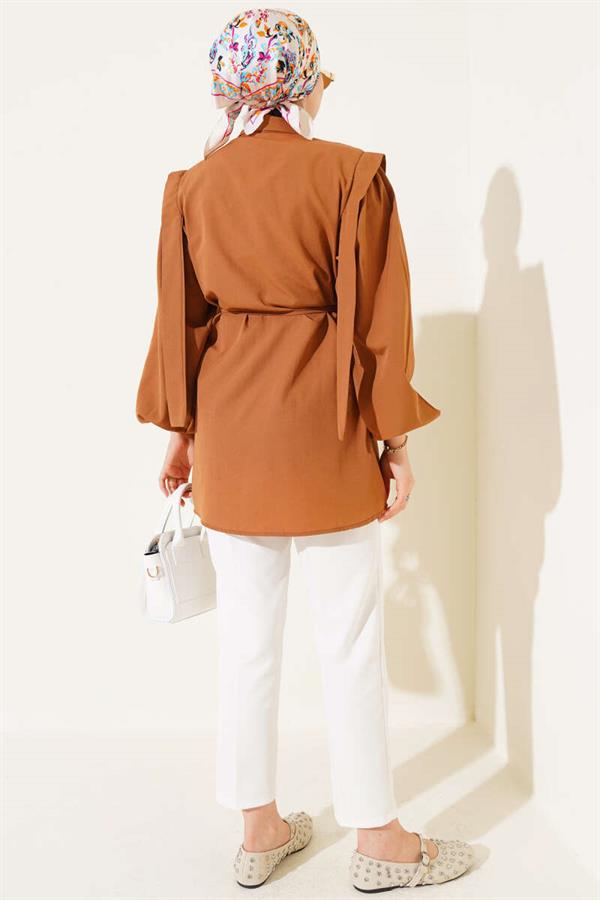 Rope Belted Shoulder Cape Shirt Tan