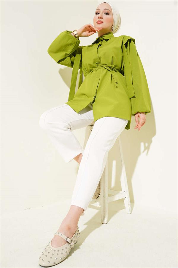 Rope Belted Shoulder Cape Shirt Green