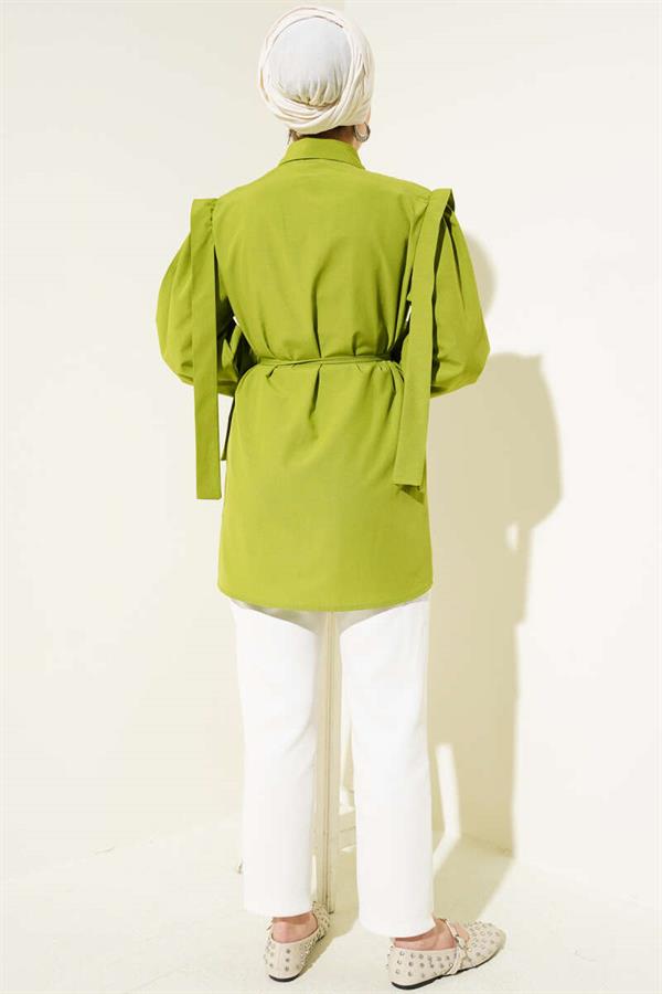 Rope Belted Shoulder Cape Shirt Green
