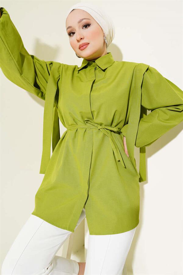 Rope Belted Shoulder Cape Shirt Green