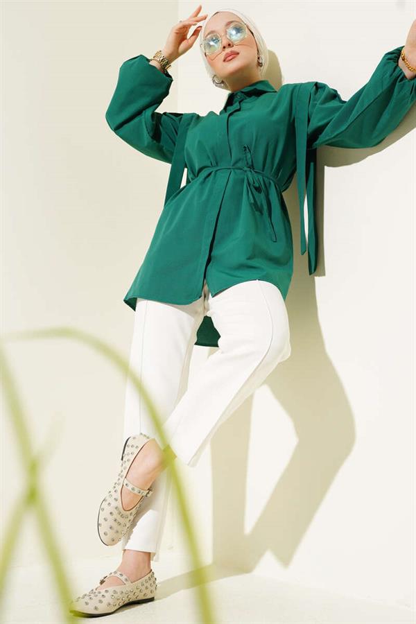 Rope Belted Shoulder Cape Shirt Emerald