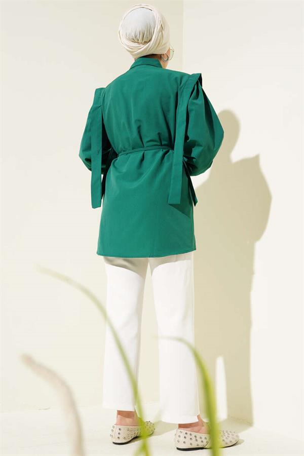 Rope Belted Shoulder Cape Shirt Emerald