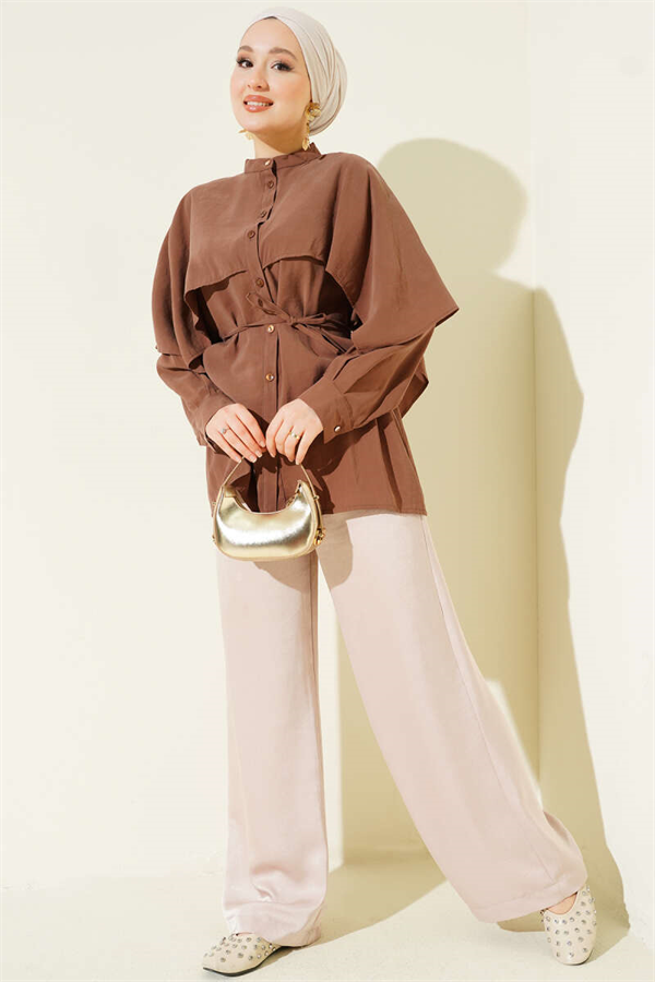 Tencel Shirt with Strap Belt and Shoulder Cape, Brown