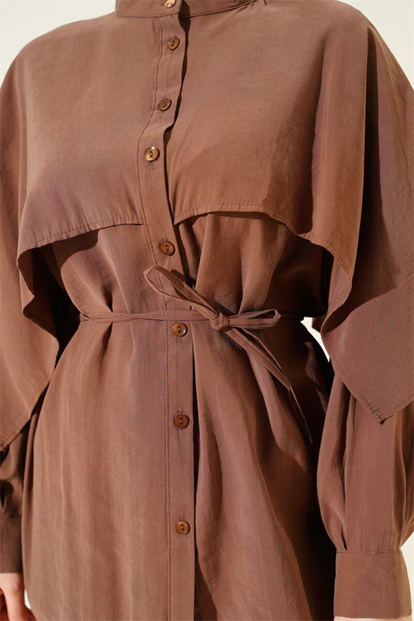 Tencel Shirt with Strap Belt and Shoulder Cape, Brown