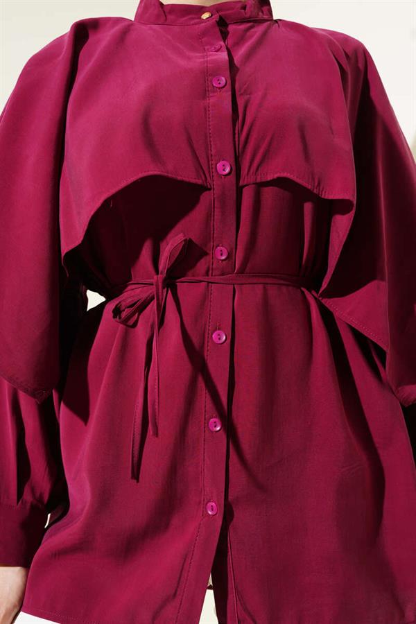 Tencel Shirt with Rope Belt and Shoulder Cape Burgundy