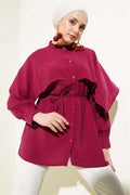 Tencel Shirt with Rope Belt and Shoulder Cape Burgundy