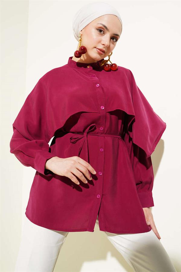 Tencel Shirt with Rope Belt and Shoulder Cape Burgundy