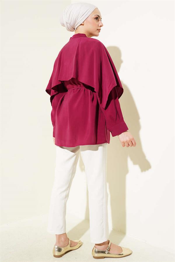 Tencel Shirt with Rope Belt and Shoulder Cape Burgundy