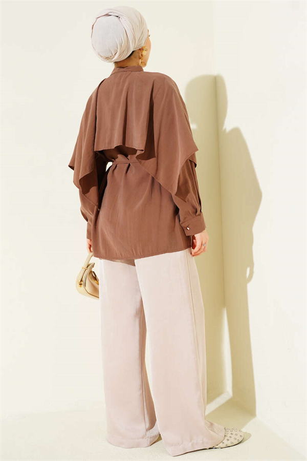 Tencel Shirt with Strap Belt and Shoulder Cape, Brown