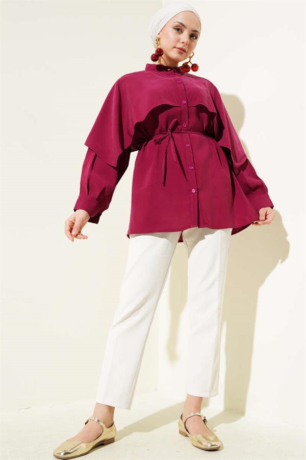 Tencel Shirt with Rope Belt and Shoulder Cape Burgundy
