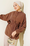 Tencel Shirt with Strap Belt and Shoulder Cape, Brown