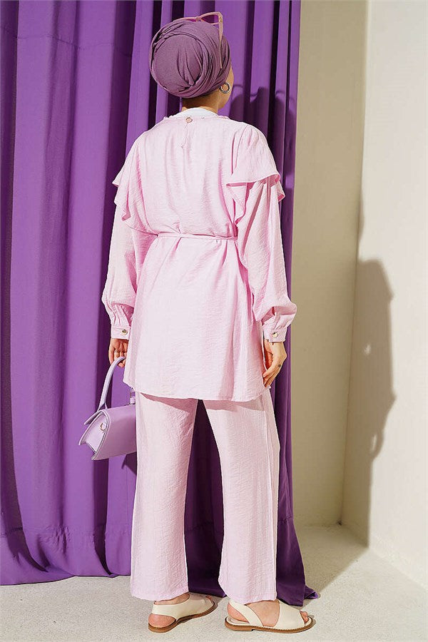 2 Piece Set with Strappy Shoulder Ruffles, Pink