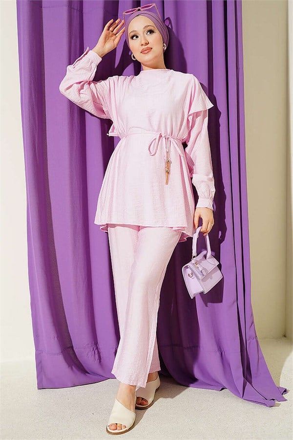 2 Piece Set with Strappy Shoulder Ruffles, Pink