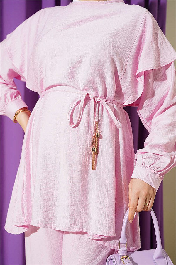 2 Piece Set with Strappy Shoulder Ruffles, Pink
