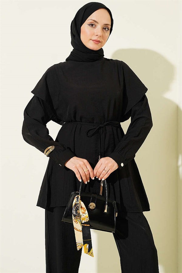 2 Piece Set with Strappy Shoulder Ruffles, Black