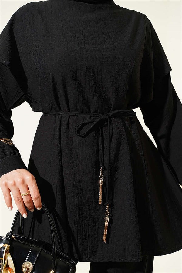 2 Piece Set with Strappy Shoulder Ruffles, Black