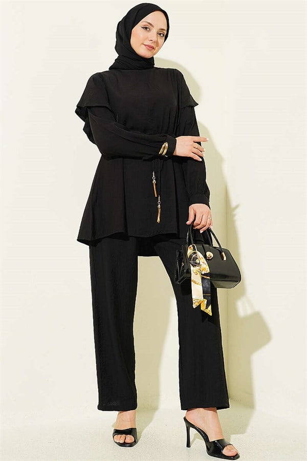 2 Piece Set with Strappy Shoulder Ruffles, Black