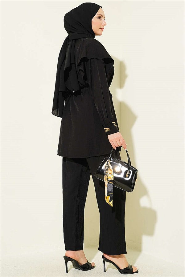 2 Piece Set with Strappy Shoulder Ruffles, Black