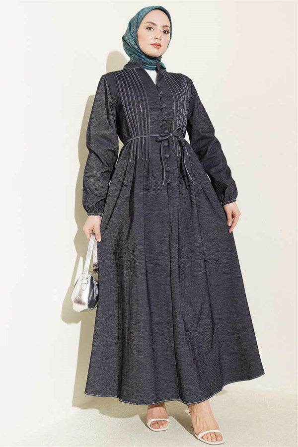 Indigo Pleated Denim Dress with Drawstring Belt