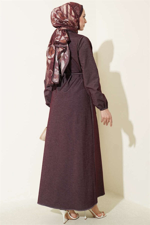 Front Pleated Denim Dress with Drawstring Belt, Plum