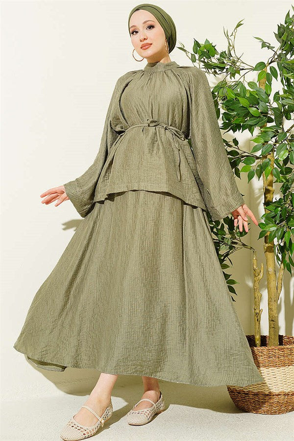 2 Piece Set with Loose Skirt and Belt, Khaki