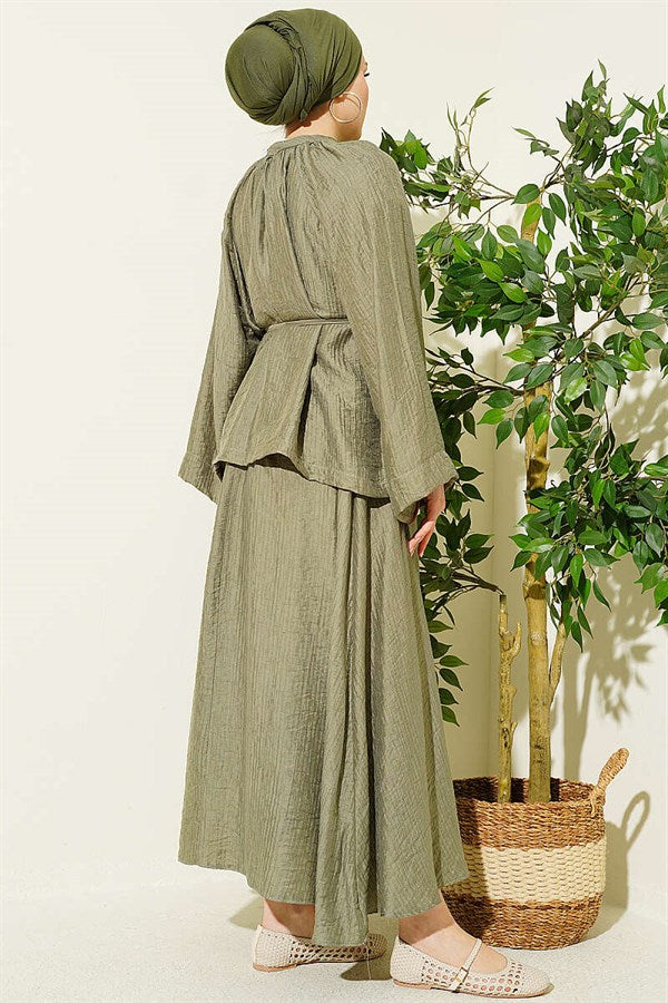 2 Piece Set with Loose Skirt and Belt, Khaki