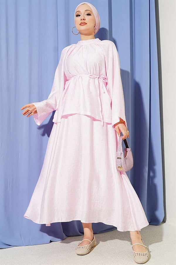 2 Piece Set with Loose Skirt and Belt, Pink