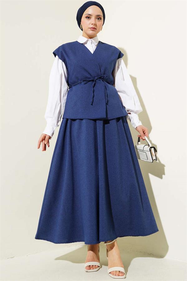 Rope Belted Vest and Skirt 2 Piece Set Navy Blue