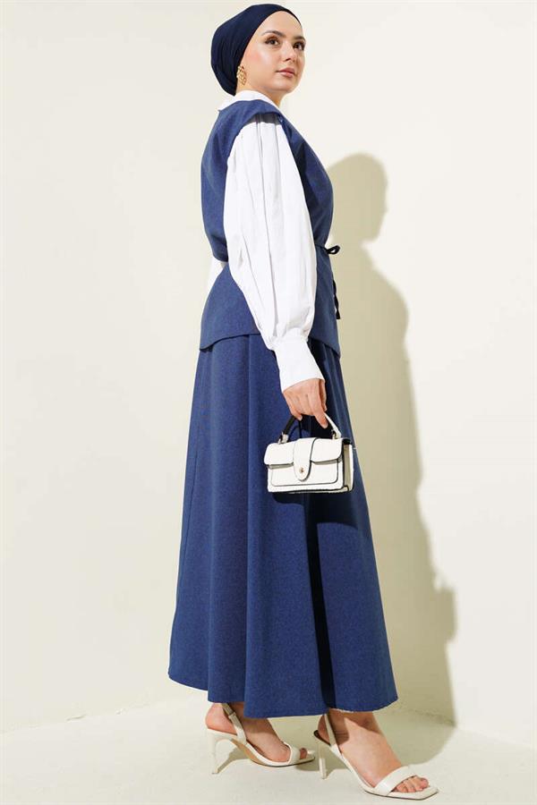 Rope Belted Vest and Skirt 2 Piece Set Navy Blue
