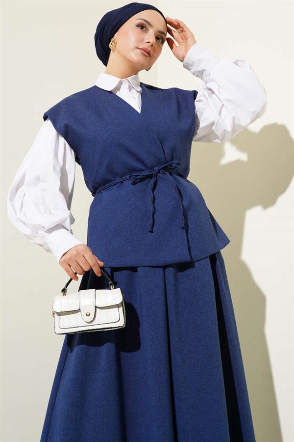 Rope Belted Vest and Skirt 2 Piece Set Navy Blue