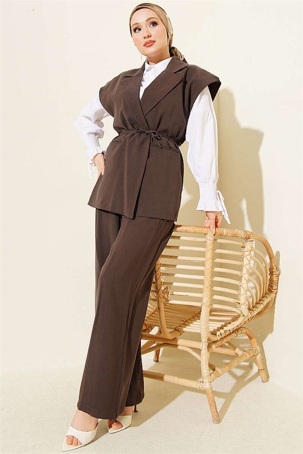 Tencel 2 Piece Set with Drawstring Vest, Dark Brown