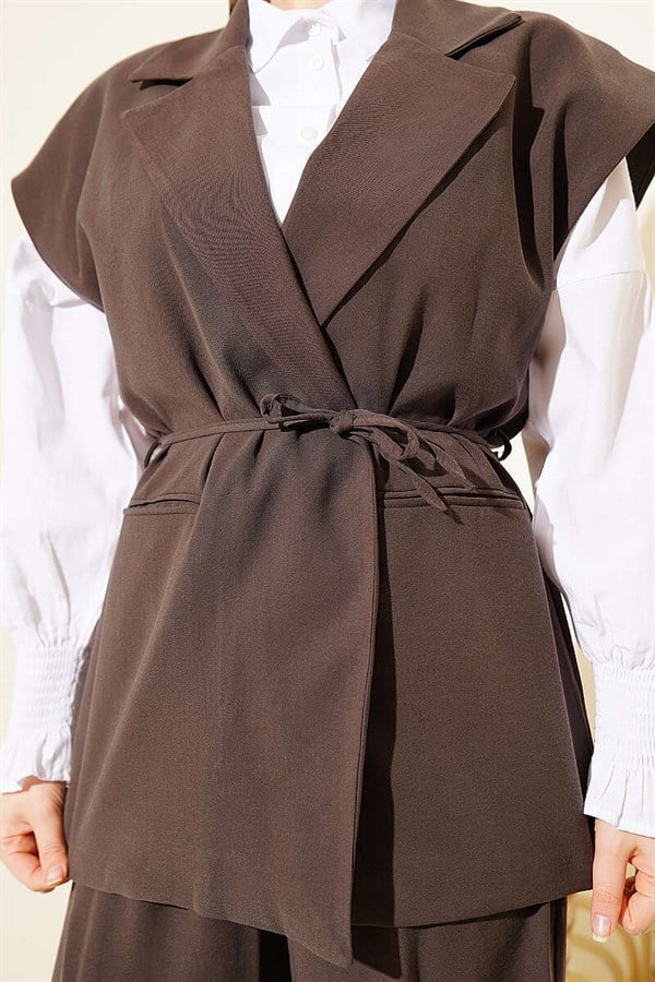 Tencel 2 Piece Set with Drawstring Vest, Dark Brown