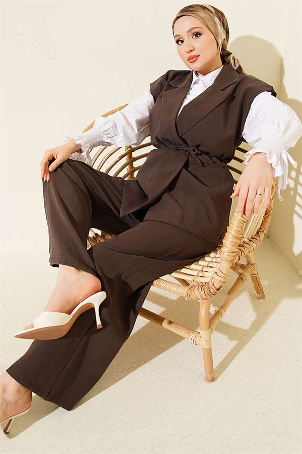Tencel 2 Piece Set with Drawstring Vest, Dark Brown