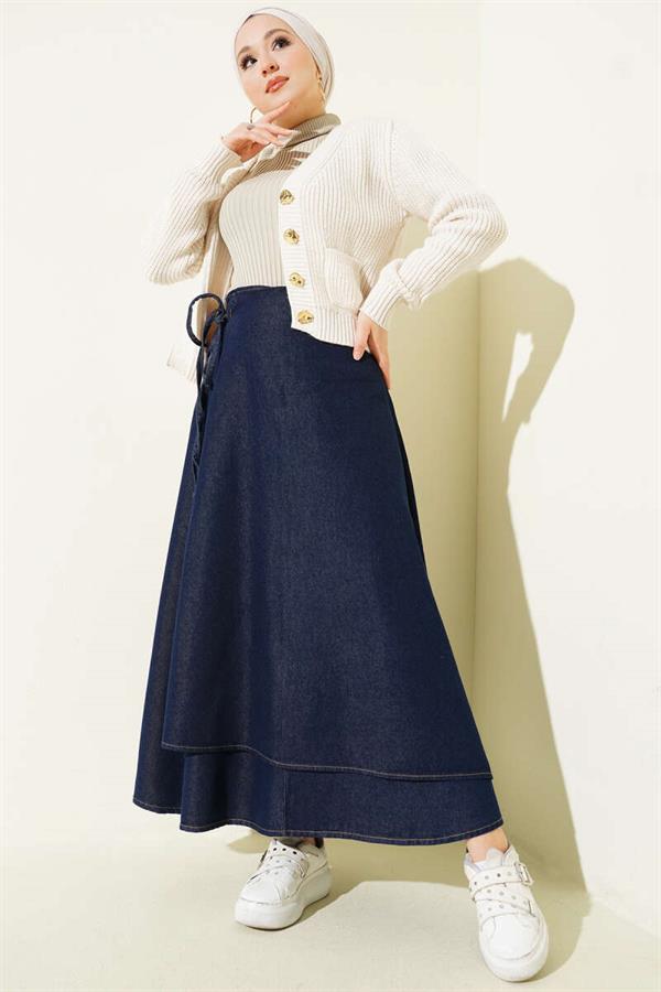 Navy Blue Denim Skirt with Side Tie Straps