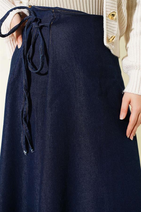 Navy Blue Denim Skirt with Side Tie Straps