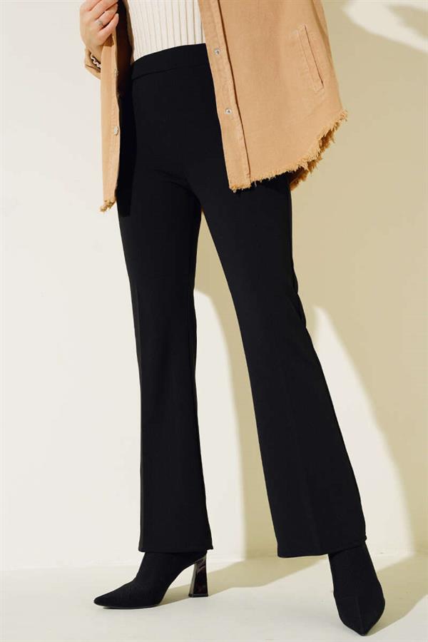 Spanish Style Flare Pants with Elastic Waistband, Double Trousers, Black