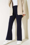 Spanish-style flared double-waisted trousers, navy blue.