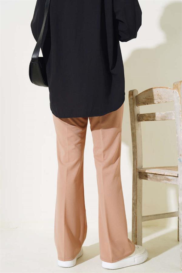 Camel Double Leg Trousers with Elastic Waistband