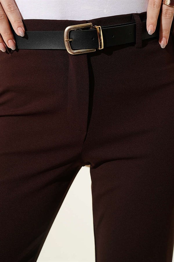 Spanish-style flared belted fabric trousers, brown.