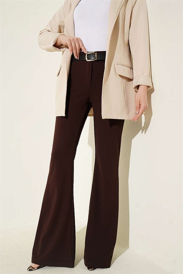 Spanish-style flared belted fabric trousers, brown.