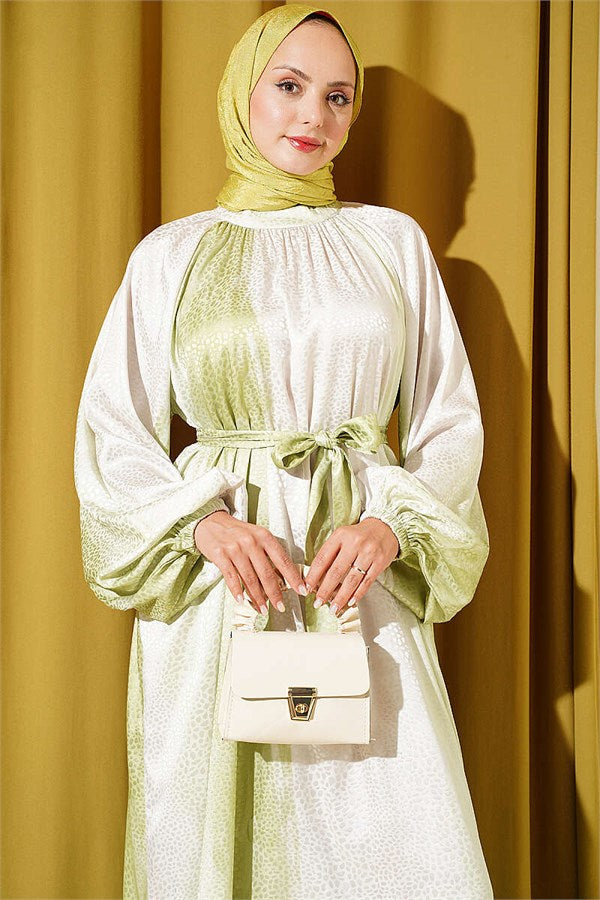 Jacquard Patterned Raglan Sleeve Dress, Pistachio Green