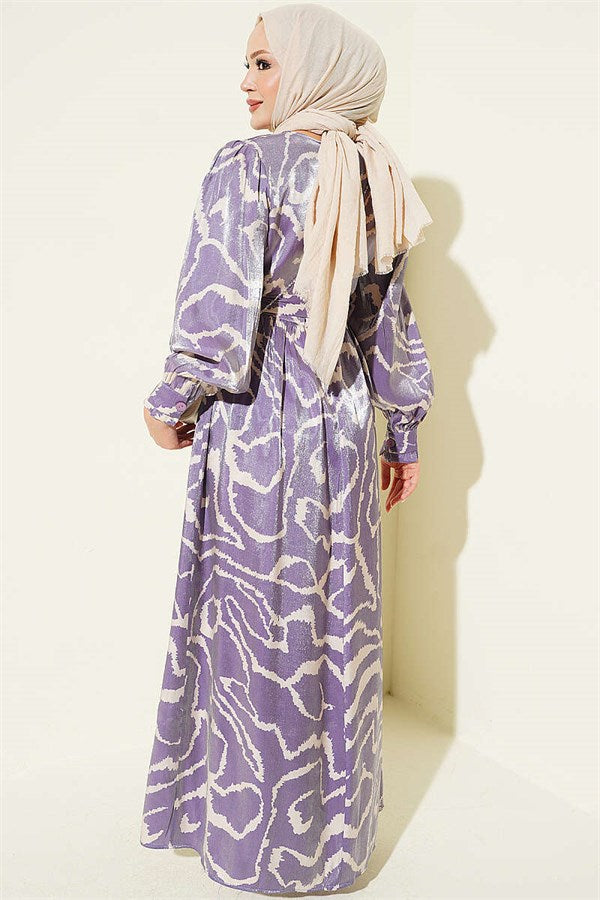 Jacquard Sleeve Pleated Dress Lilac